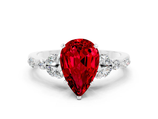 Platinum Pear Cut Ruby Solitaire Ring with Side Stones and Four-Prong Setting