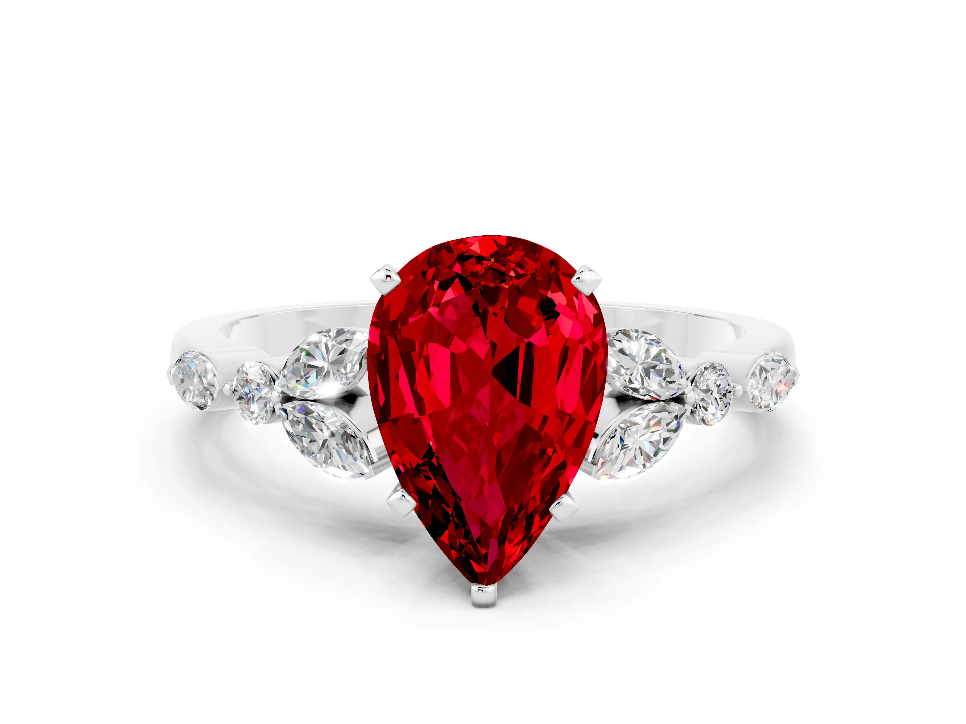 White gold Pear Cut Ruby Solitaire Ring with Side Stones and Four-Prong Setting_36