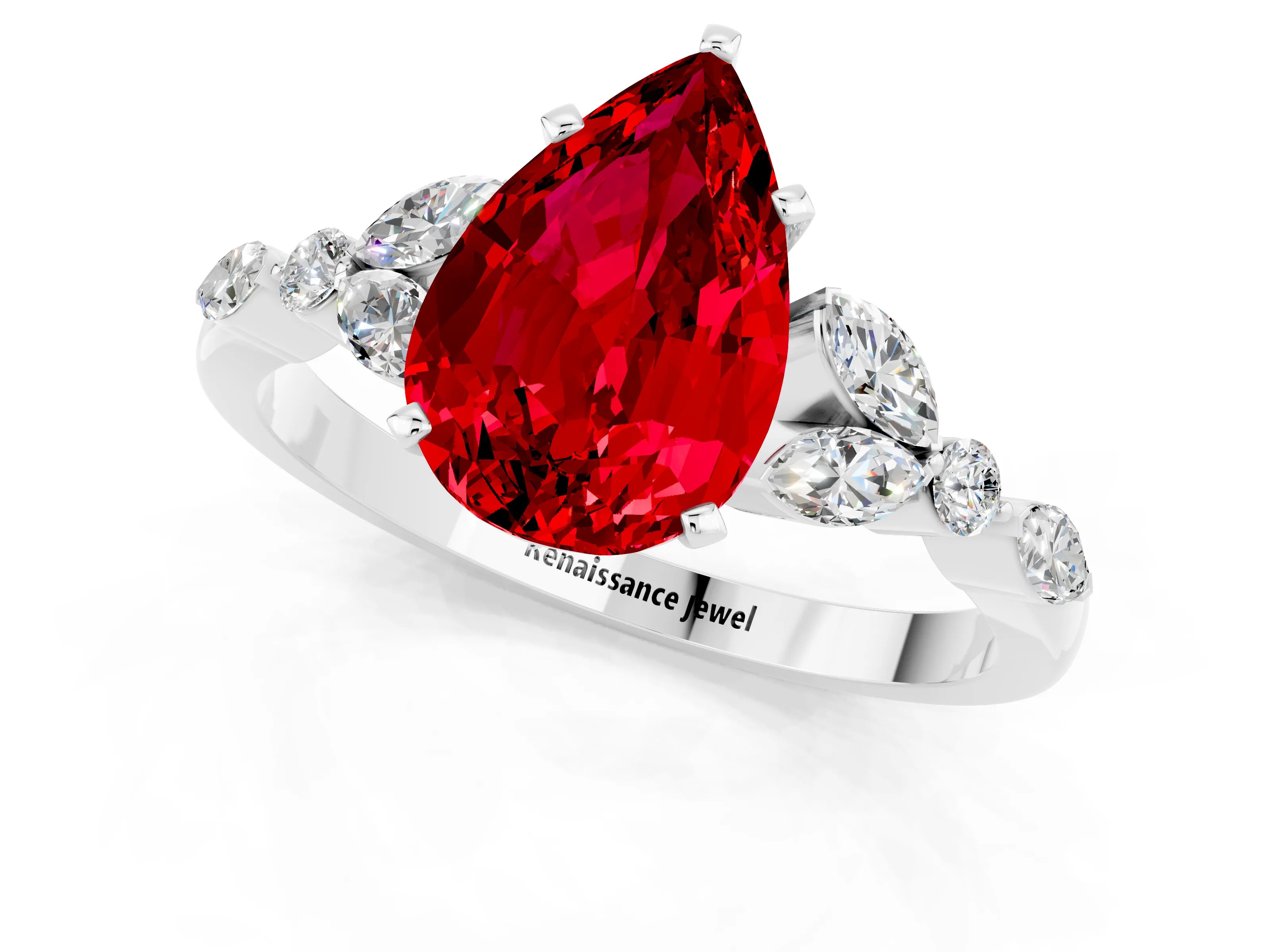 White gold Pear Cut Ruby Solitaire Ring with Side Stones and Four-Prong Setting_37