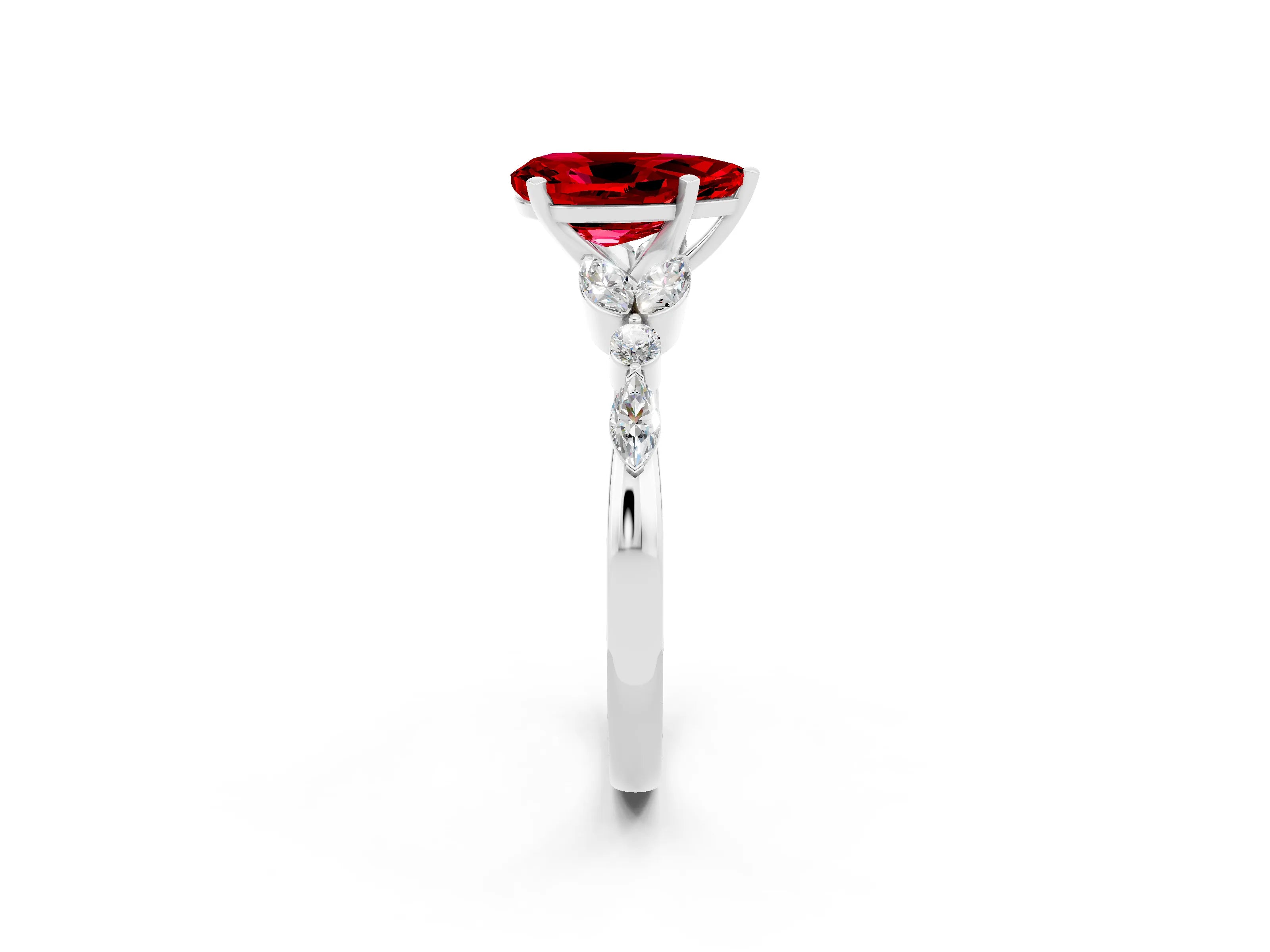 White gold Pear Cut Ruby Solitaire Ring with Side Stones and Four-Prong Setting_38