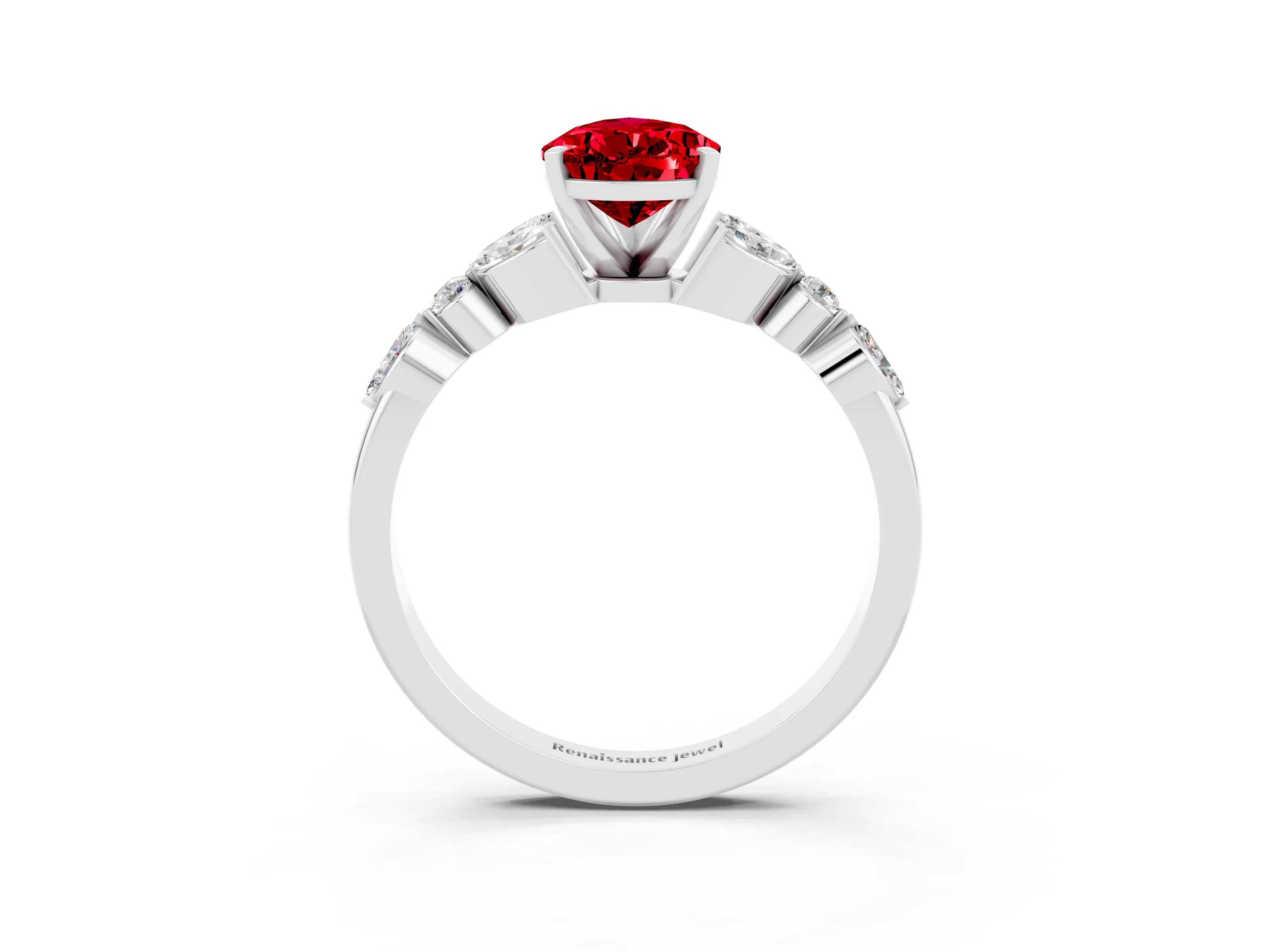 White gold Pear Cut Ruby Solitaire Ring with Side Stones and Four-Prong Setting_39