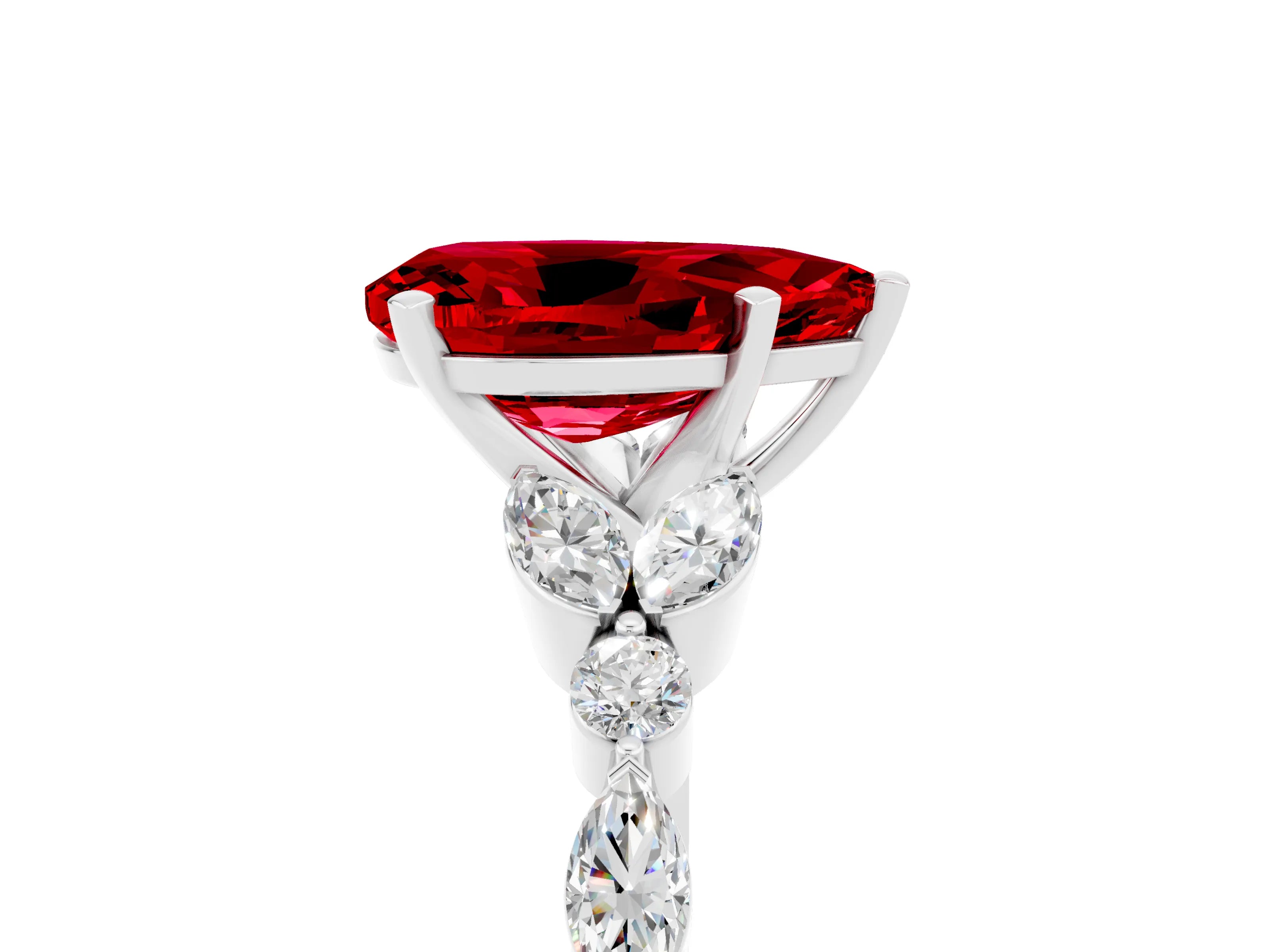White gold Pear Cut Ruby Solitaire Ring with Side Stones and Four-Prong Setting_41