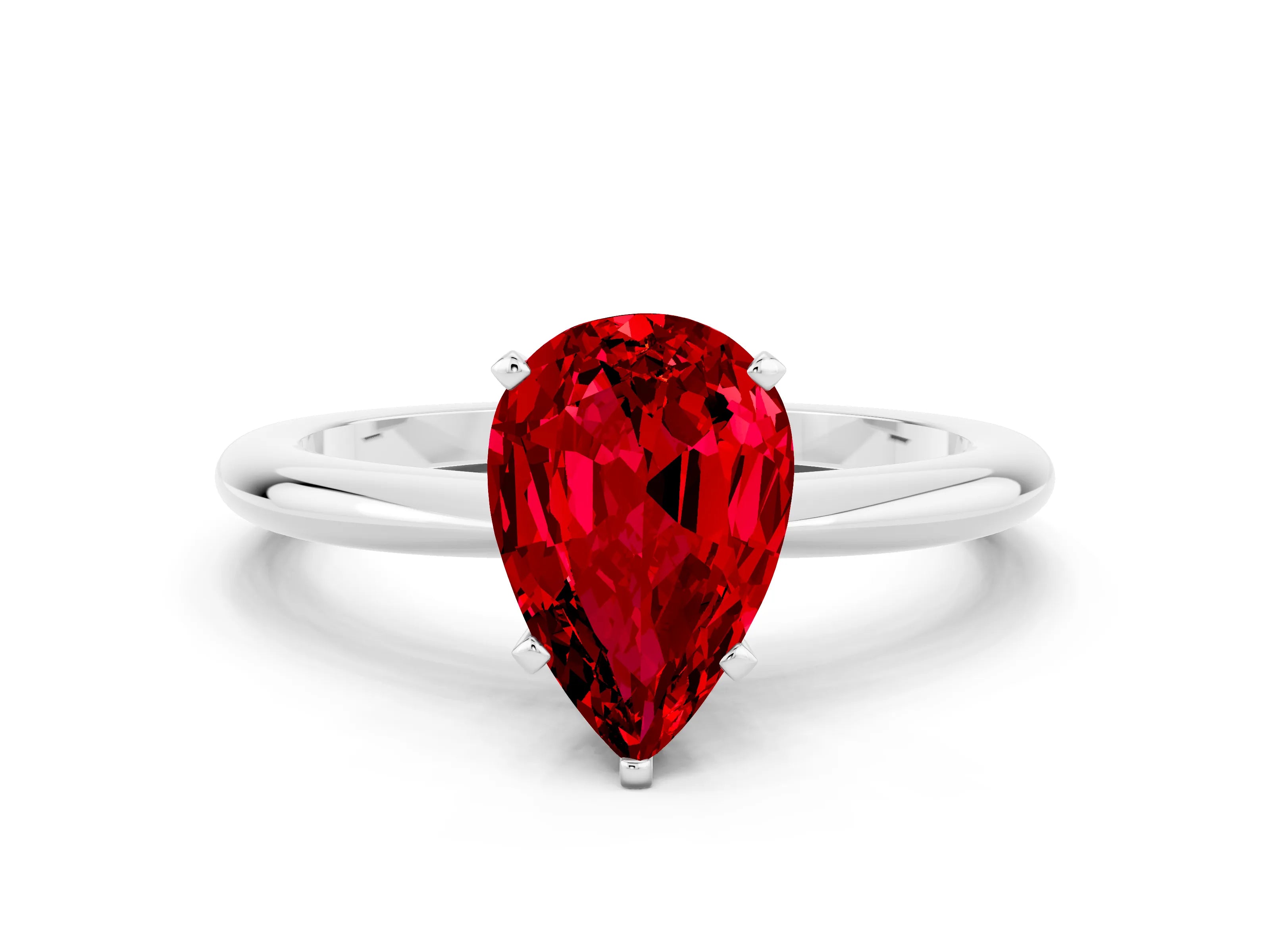 White gold Pear Cut Ruby Solitaire Ring with Six-Prong Setting and Classic Band