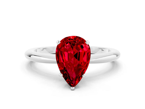 White gold Pear Cut Ruby Solitaire Ring with Six-Prong Setting and Classic Band