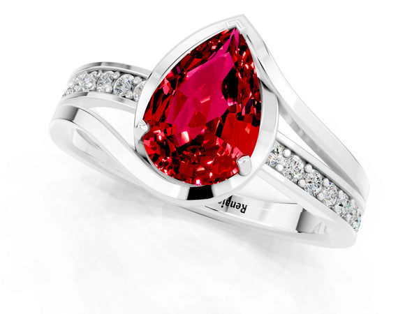 Platinum Pear Cut Ruby Solitaire Ring with Split Shank and Prong Setting