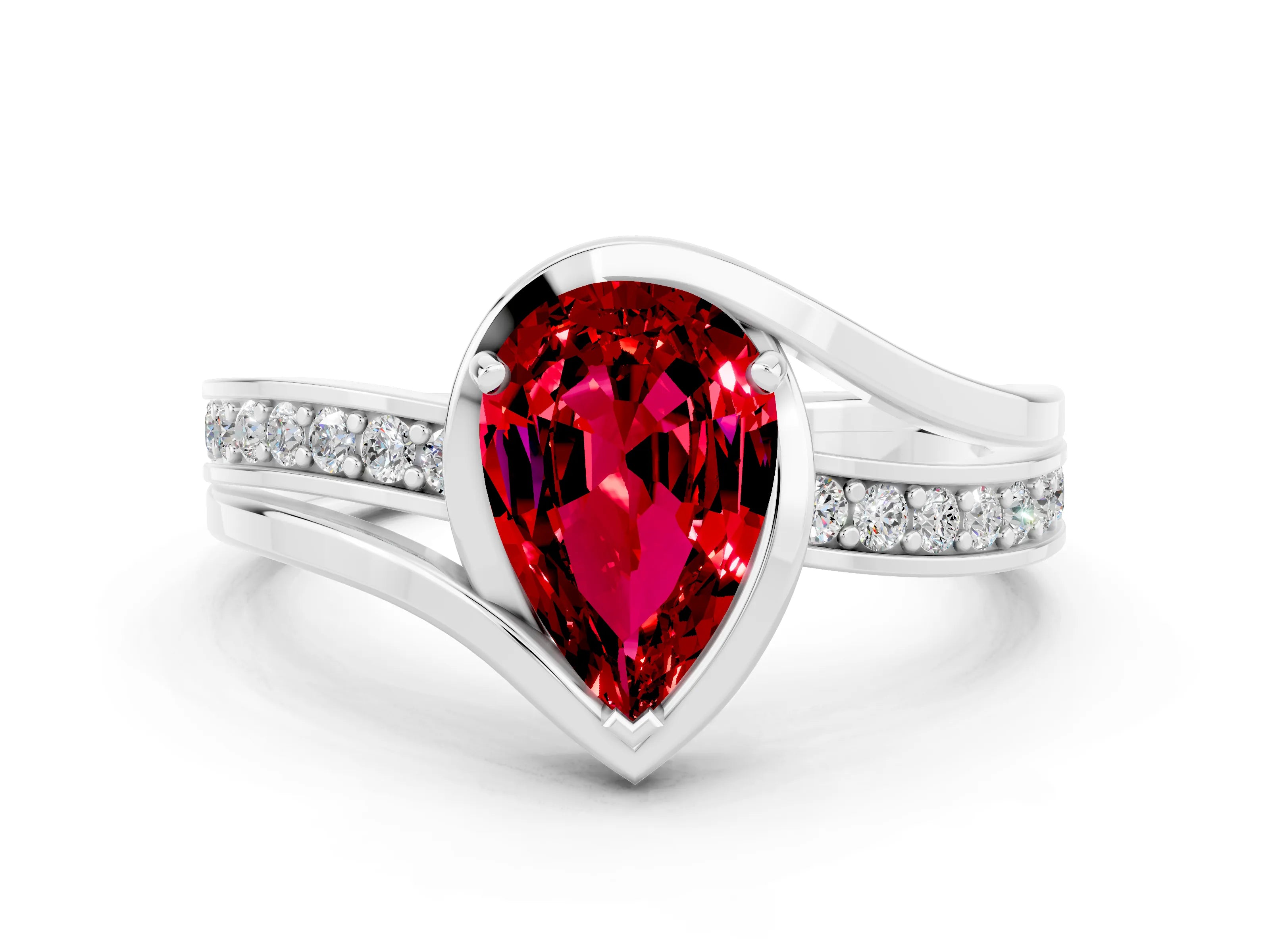 White gold Pear Cut Ruby Solitaire Ring with Split Shank and Prong Setting