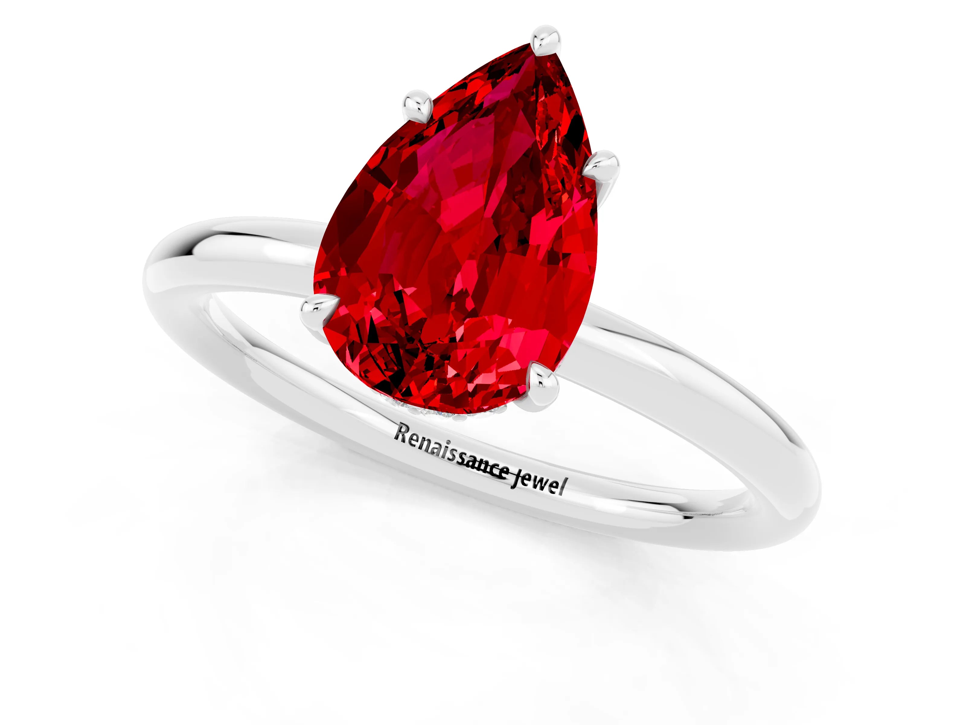 White gold Pear Cut Ruby Solitaire Ring with Thin Band and Four-Prong Setting_13