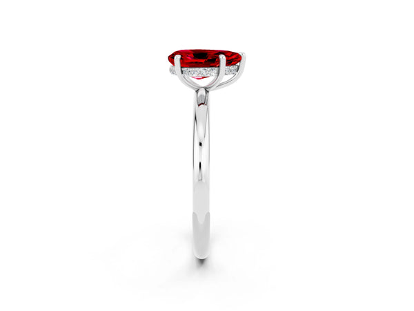 White gold Pear Cut Ruby Solitaire Ring with Thin Band and Four-Prong Setting
