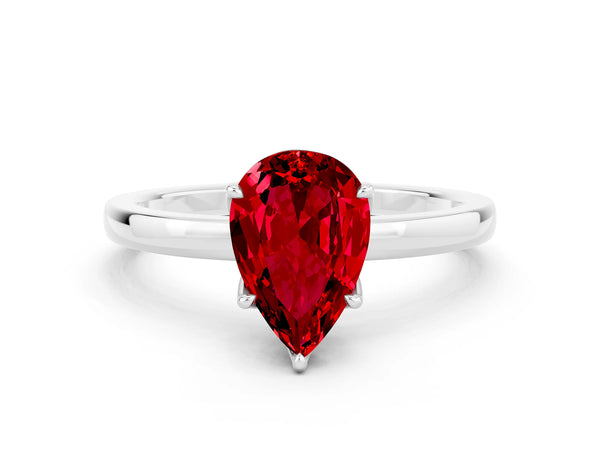 Platinum Pear Cut Ruby Solitaire Ring with Thin Band and Prong Setting