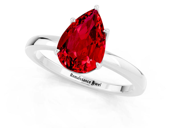 Platinum Pear Cut Ruby Solitaire Ring with Thin Band and Prong Setting