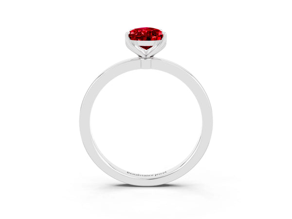 Silver Pear Cut Ruby Solitaire Ring with Thin Band and Prong Setting