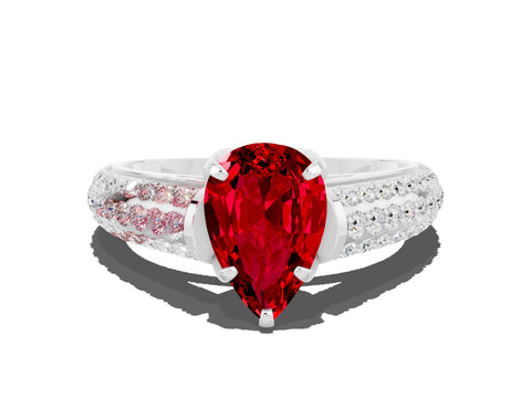 White gold Pear Cut Ruby Solitaire Ring with Three-Row Pavé Band and Four-Prong Setting_12