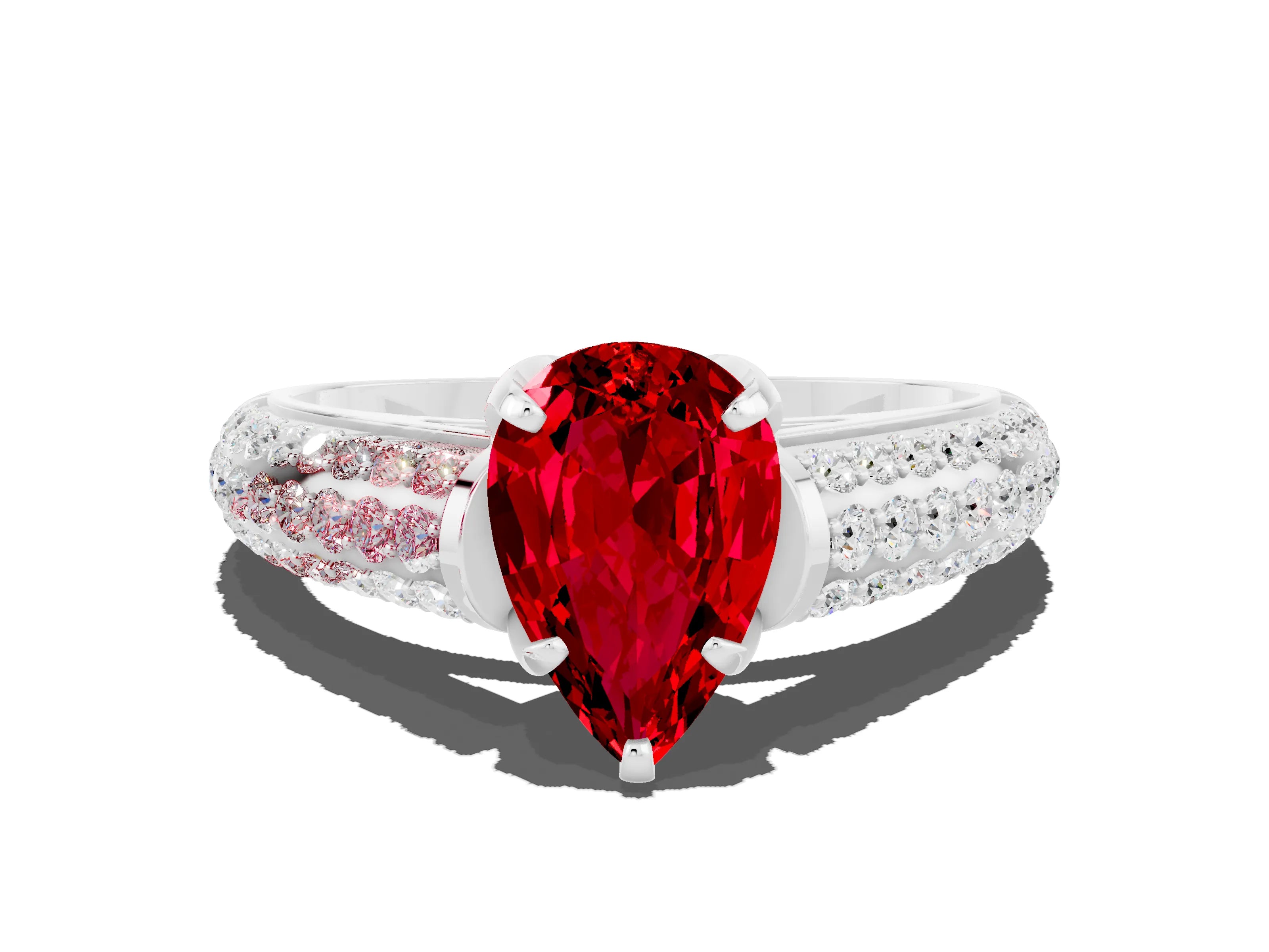 White gold Pear Cut Ruby Solitaire Ring with Three-Row Pavé Band and Four-Prong Setting_12