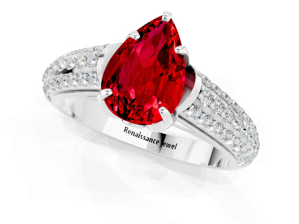 White gold Pear Cut Ruby Solitaire Ring with Three-Row Pavé Band and Four-Prong Setting