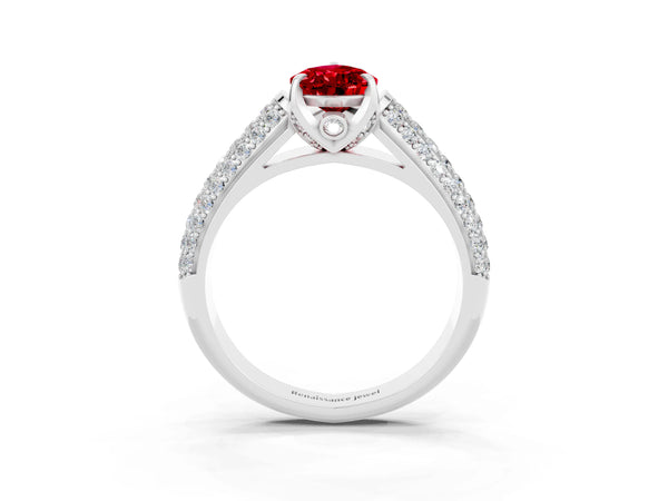 Platinum Pear Cut Ruby Solitaire Ring with Three-Row Pavé Band and Four-Prong Setting