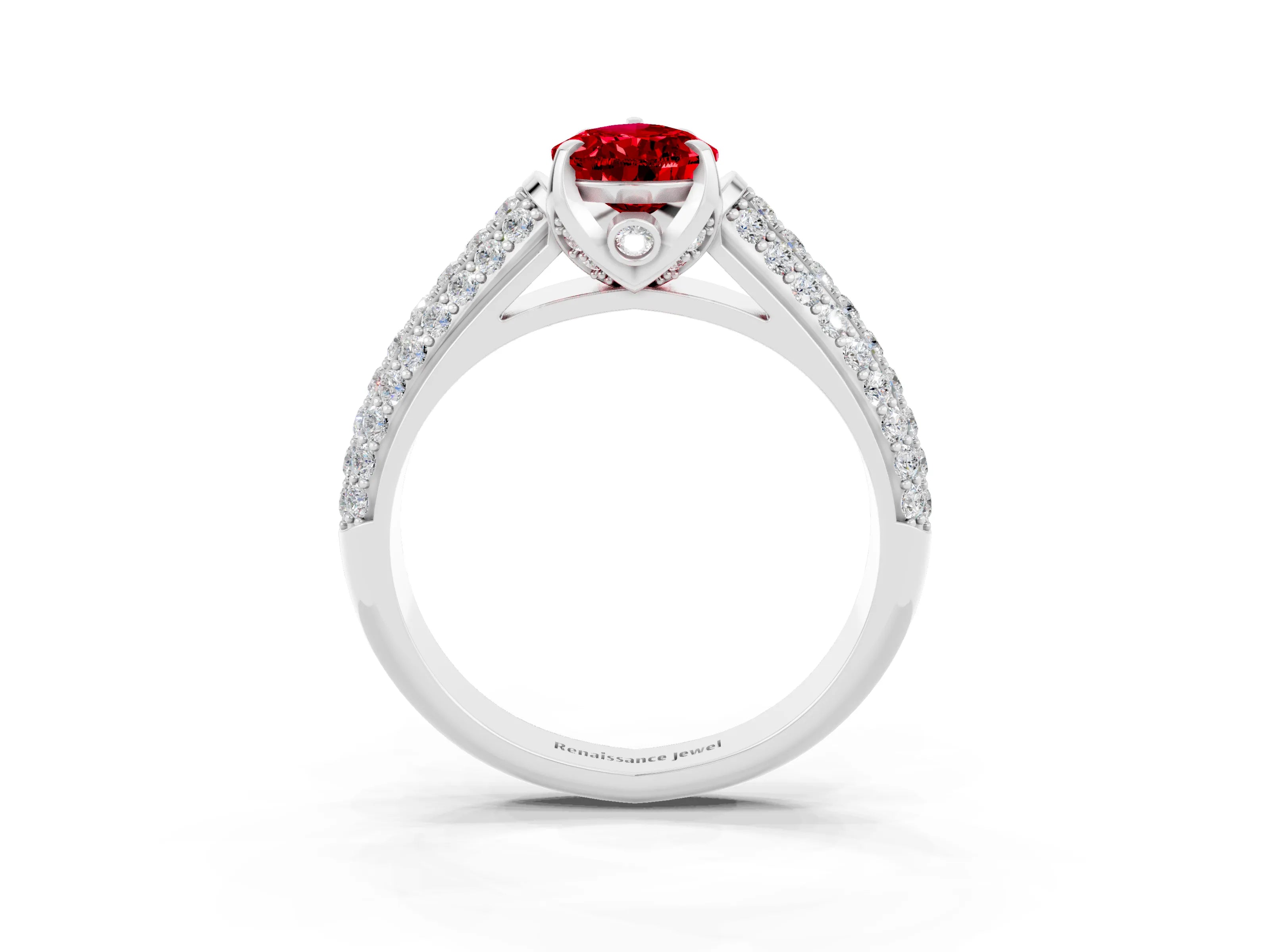 White gold Pear Cut Ruby Solitaire Ring with Three-Row Pavé Band and Four-Prong Setting_15
