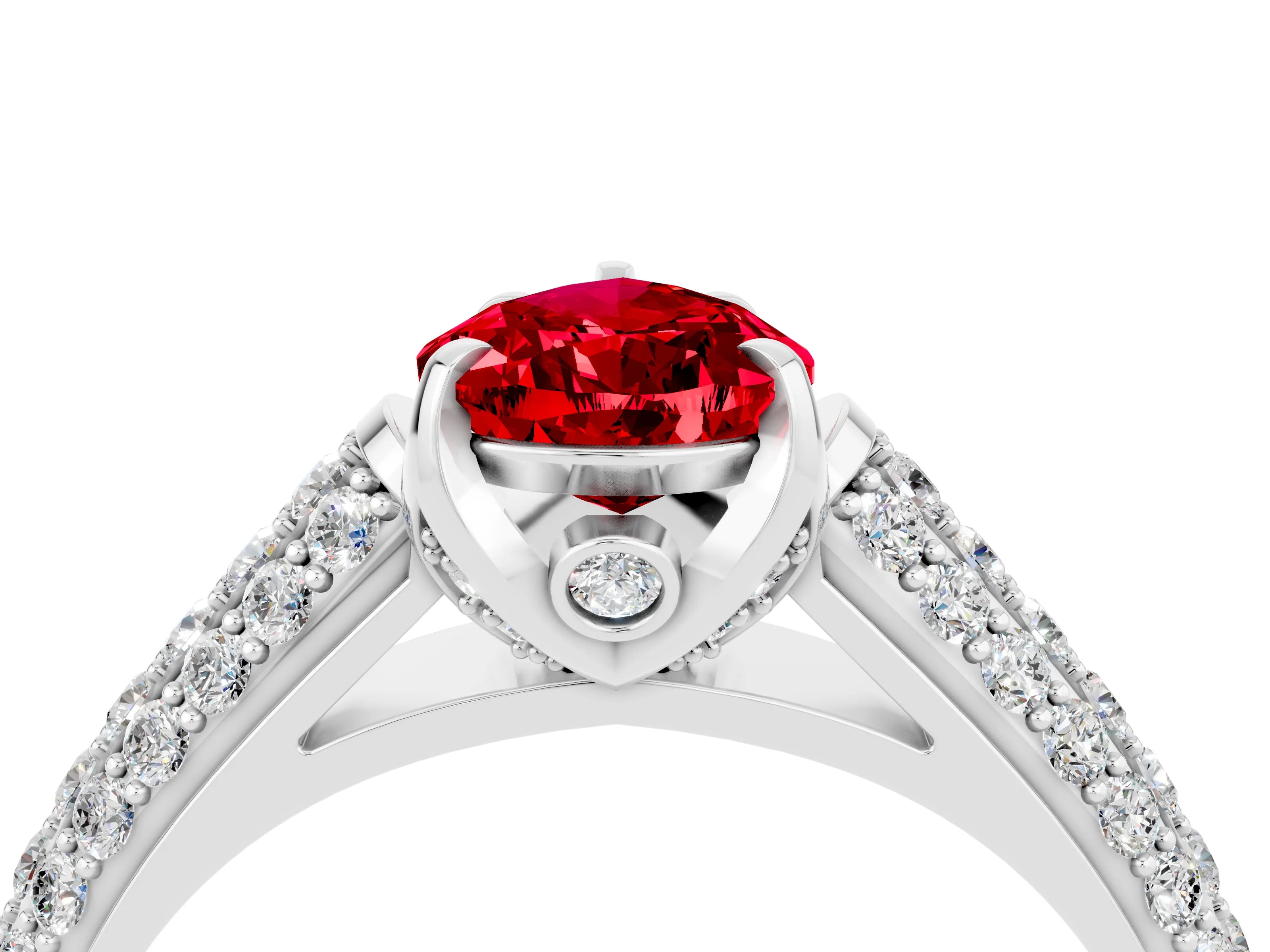 White gold Pear Cut Ruby Solitaire Ring with Three-Row Pavé Band and Four-Prong Setting_16