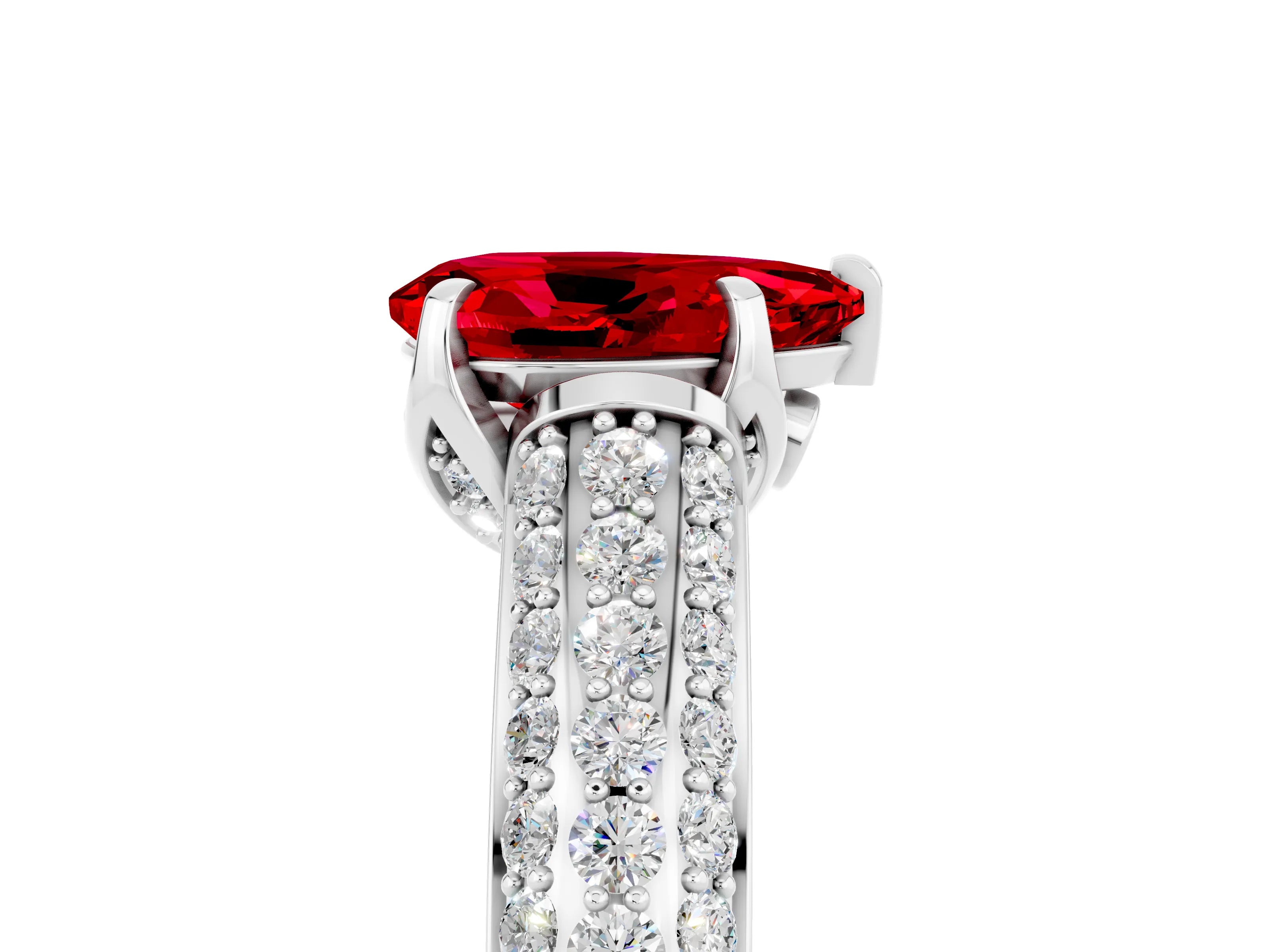 White gold Pear Cut Ruby Solitaire Ring with Three-Row Pavé Band and Four-Prong Setting_17