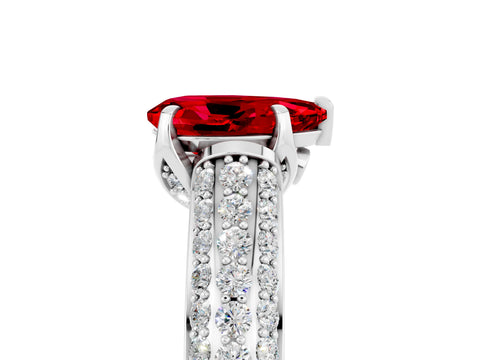White gold Pear Cut Ruby Solitaire Ring with Three-Row Pavé Band and Four-Prong Setting_17