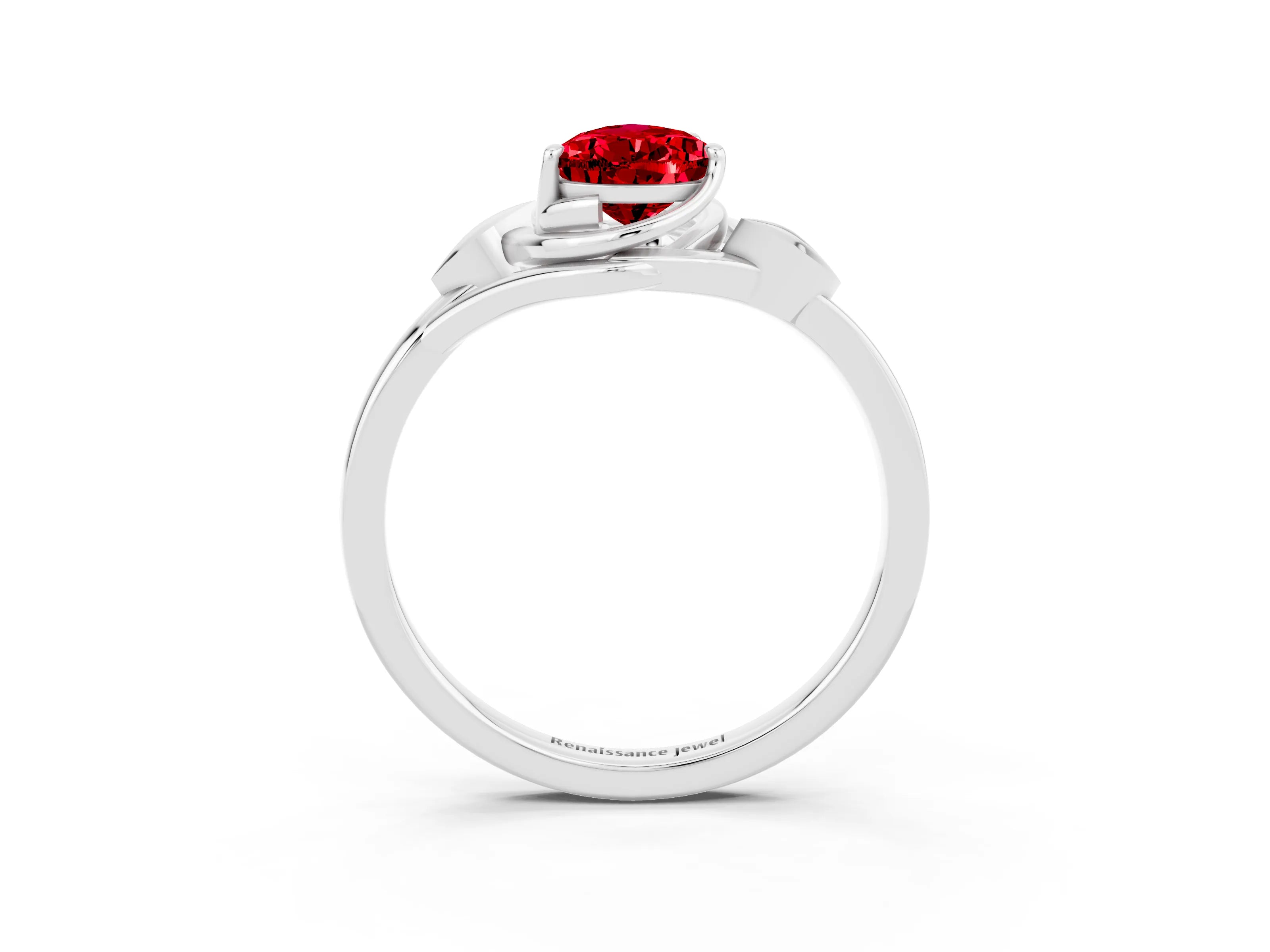 White gold Pear Cut Ruby Solitaire Ring with Twist Band and Four-Prong Setting_15