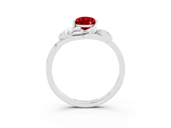 Platinum Pear Cut Ruby Solitaire Ring with Twist Band and Four-Prong Setting