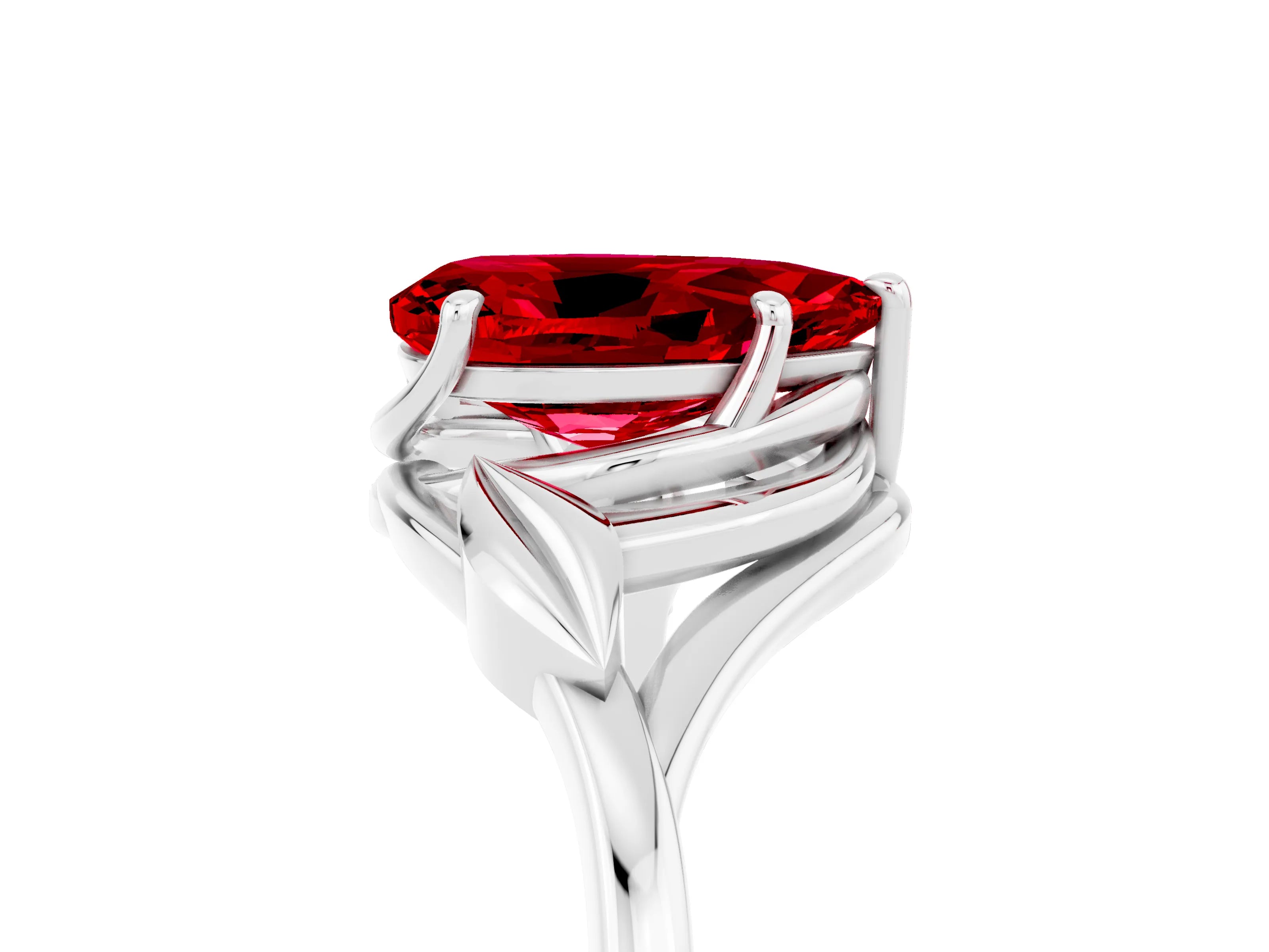 White gold Pear Cut Ruby Solitaire Ring with Twist Band and Four-Prong Setting_41
