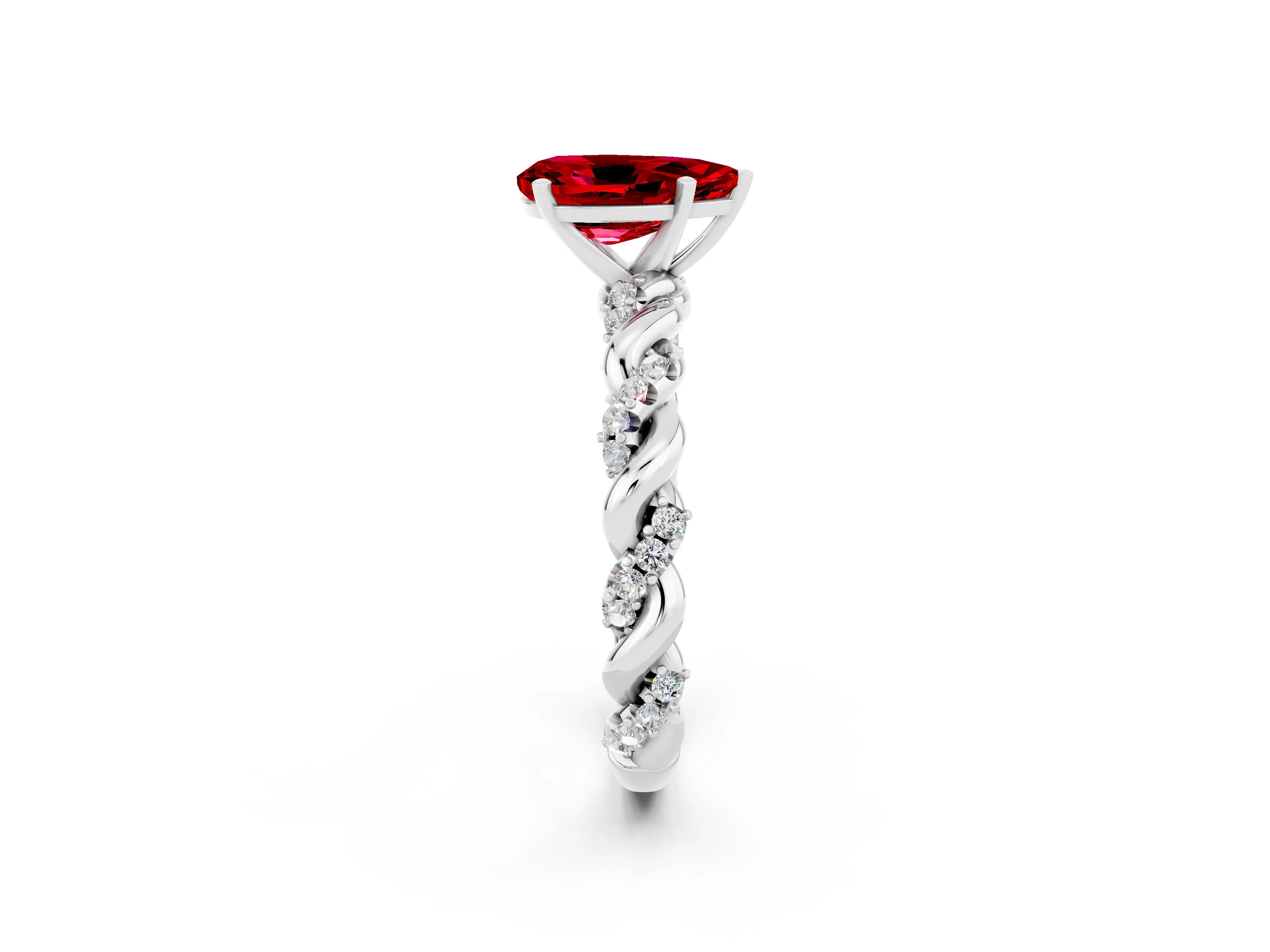 White gold Pear Cut Ruby Solitaire Ring with Twisted Band and Pavé Accents_2