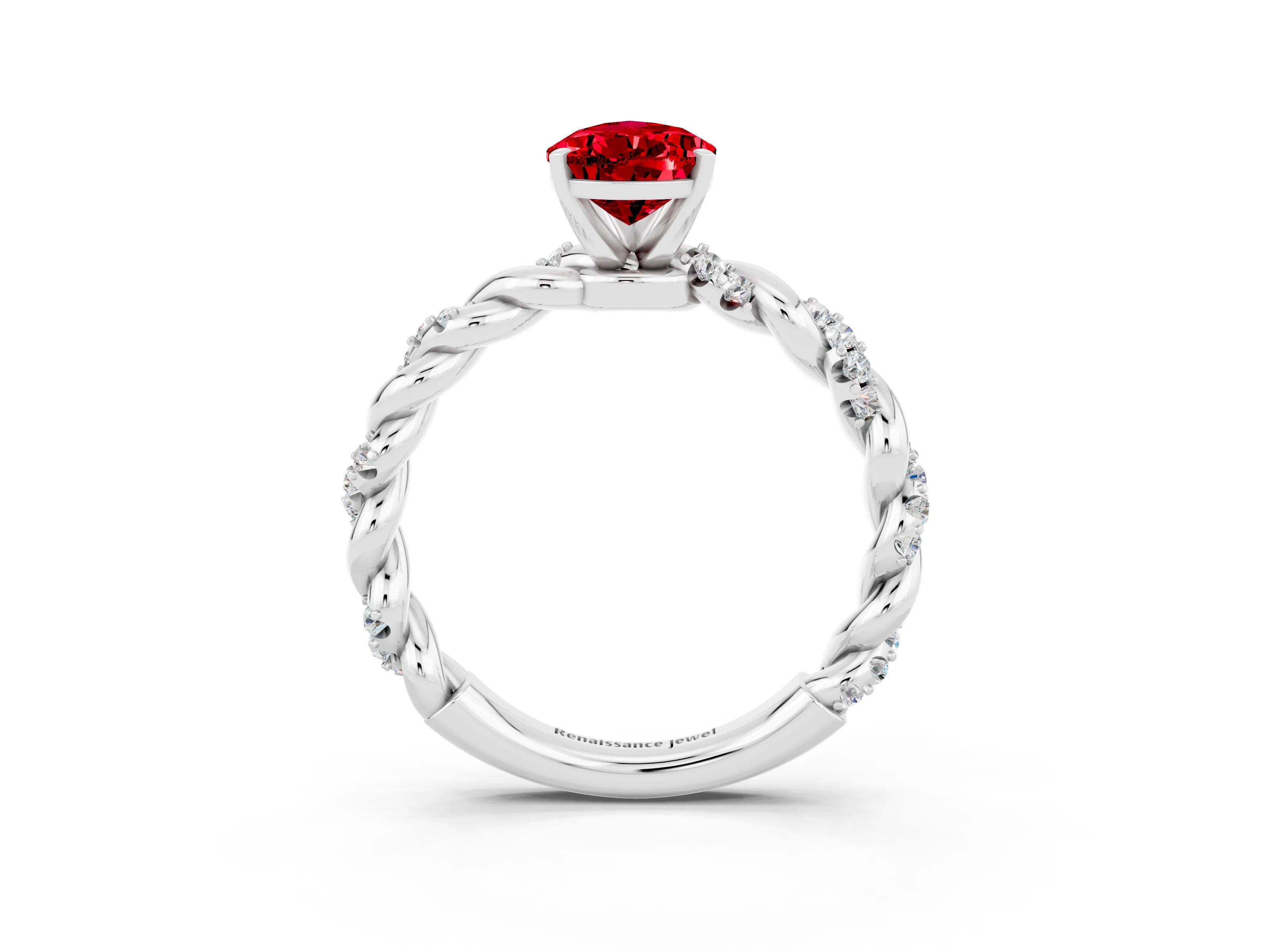 White gold Pear Cut Ruby Solitaire Ring with Twisted Band and Pavé Accents_3