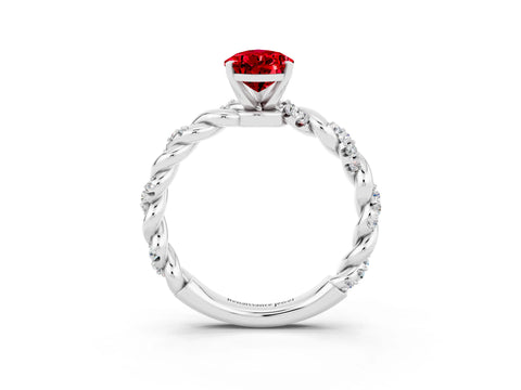 White gold Pear Cut Ruby Solitaire Ring with Twisted Band and Pavé Accents_3