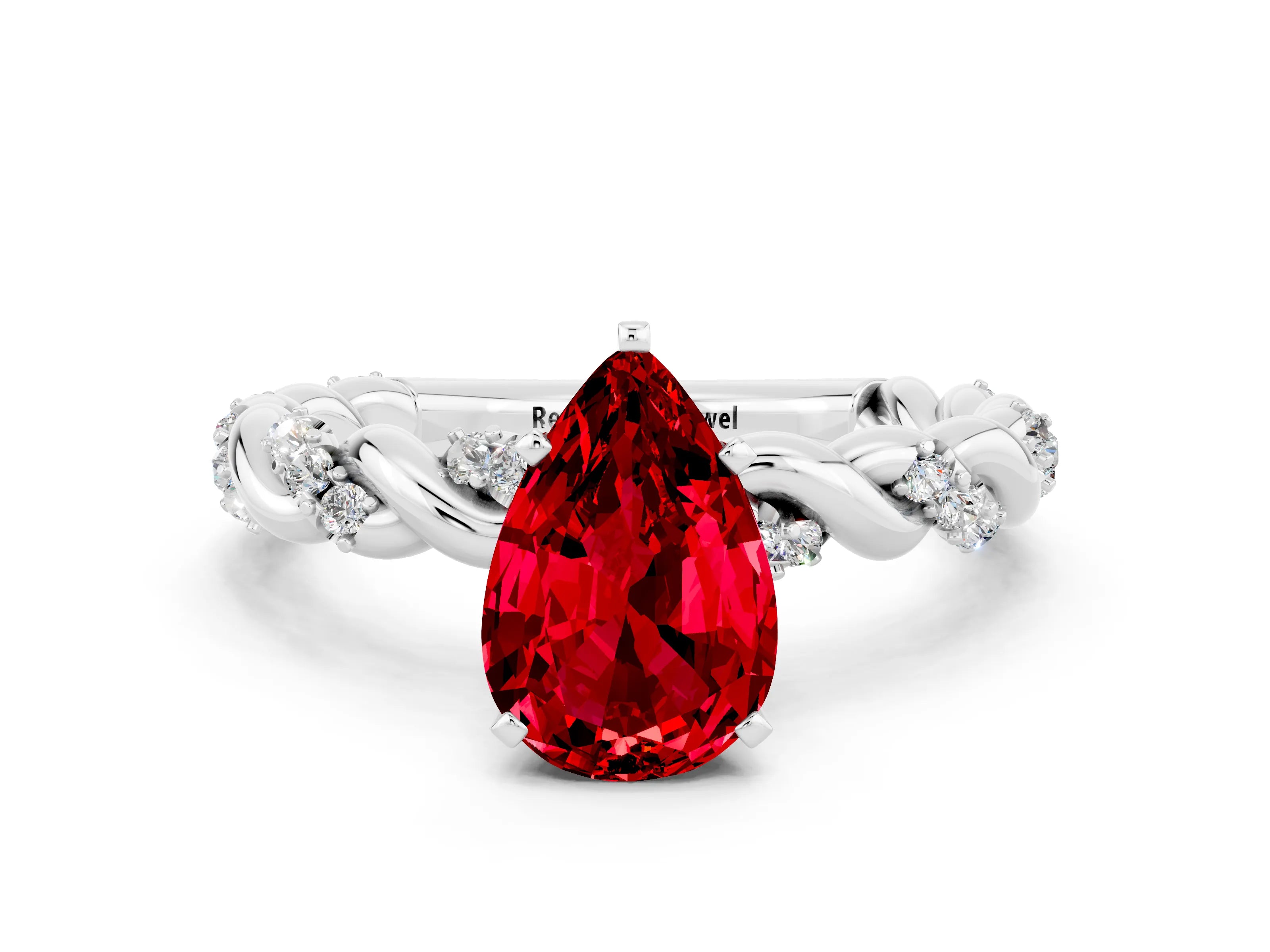 White gold Pear Cut Ruby Solitaire Ring with Twisted Band and Pavé Accents