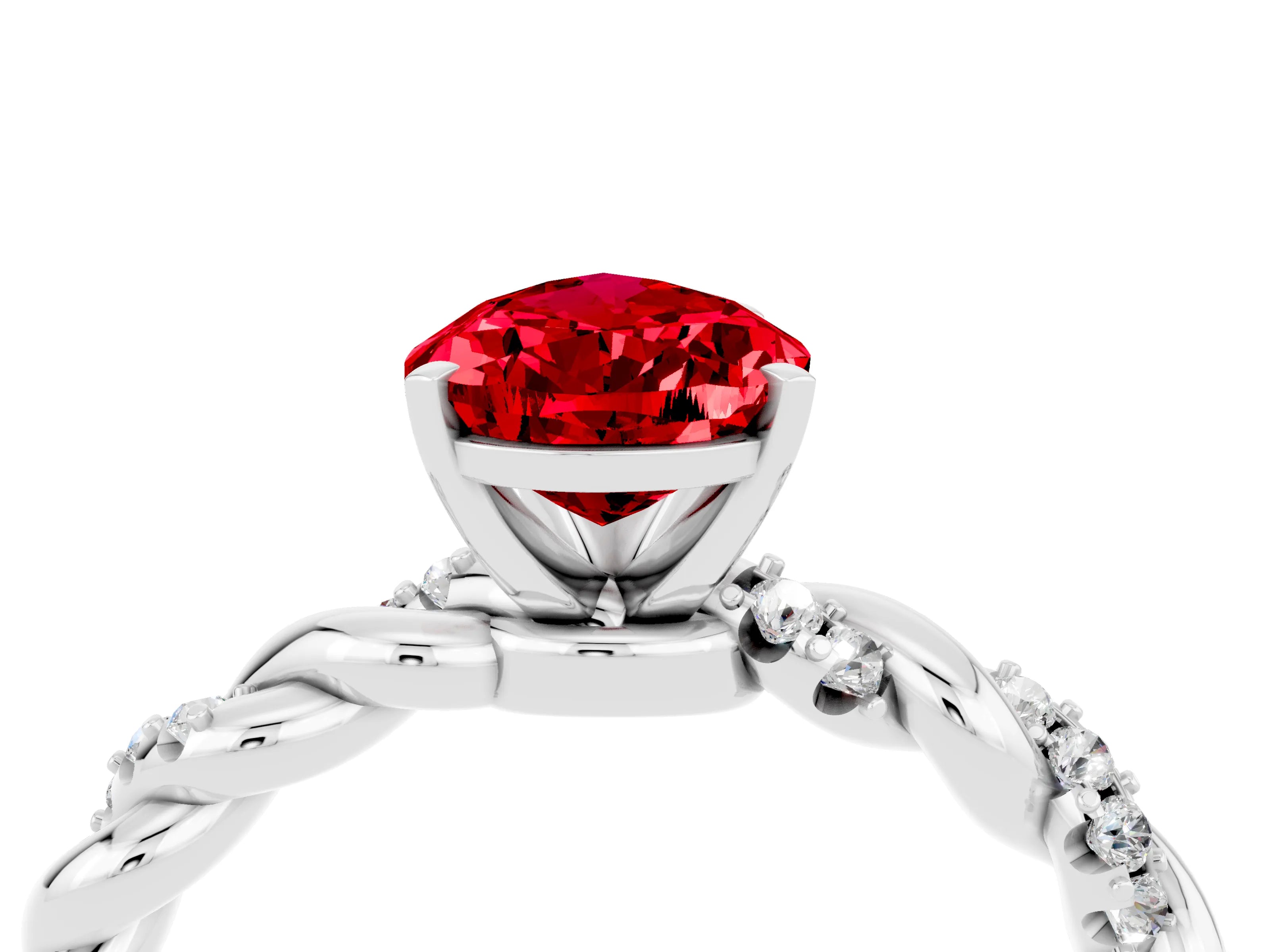 White gold Pear Cut Ruby Solitaire Ring with Twisted Band and Pavé Accents_4