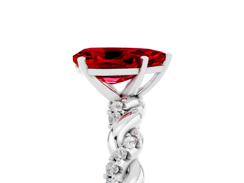 White gold Pear Cut Ruby Solitaire Ring with Twisted Band and Pavé Accents_5