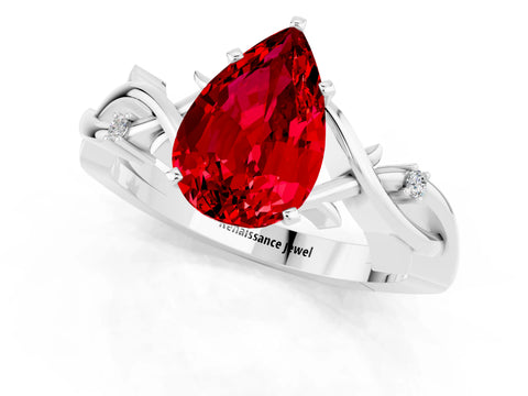 White gold Pear Cut Ruby Solitaire Ring with Twisted Band and Prong Setting_13