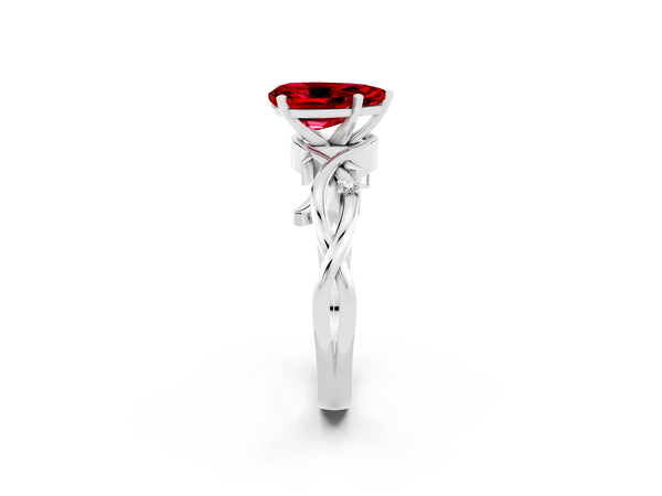 White gold Pear Cut Ruby Solitaire Ring with Twisted Band and Prong Setting