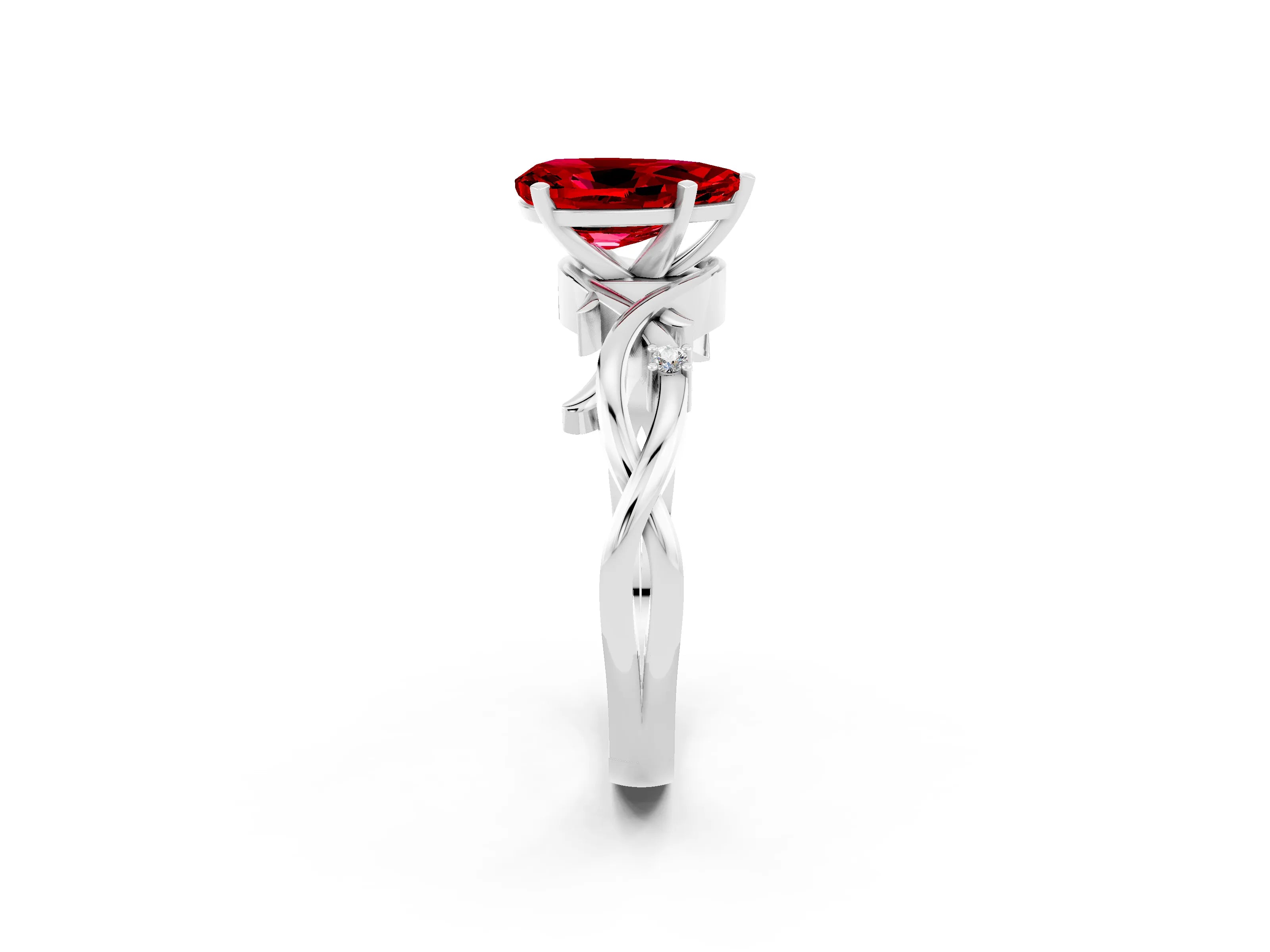White gold Pear Cut Ruby Solitaire Ring with Twisted Band and Prong Setting_2