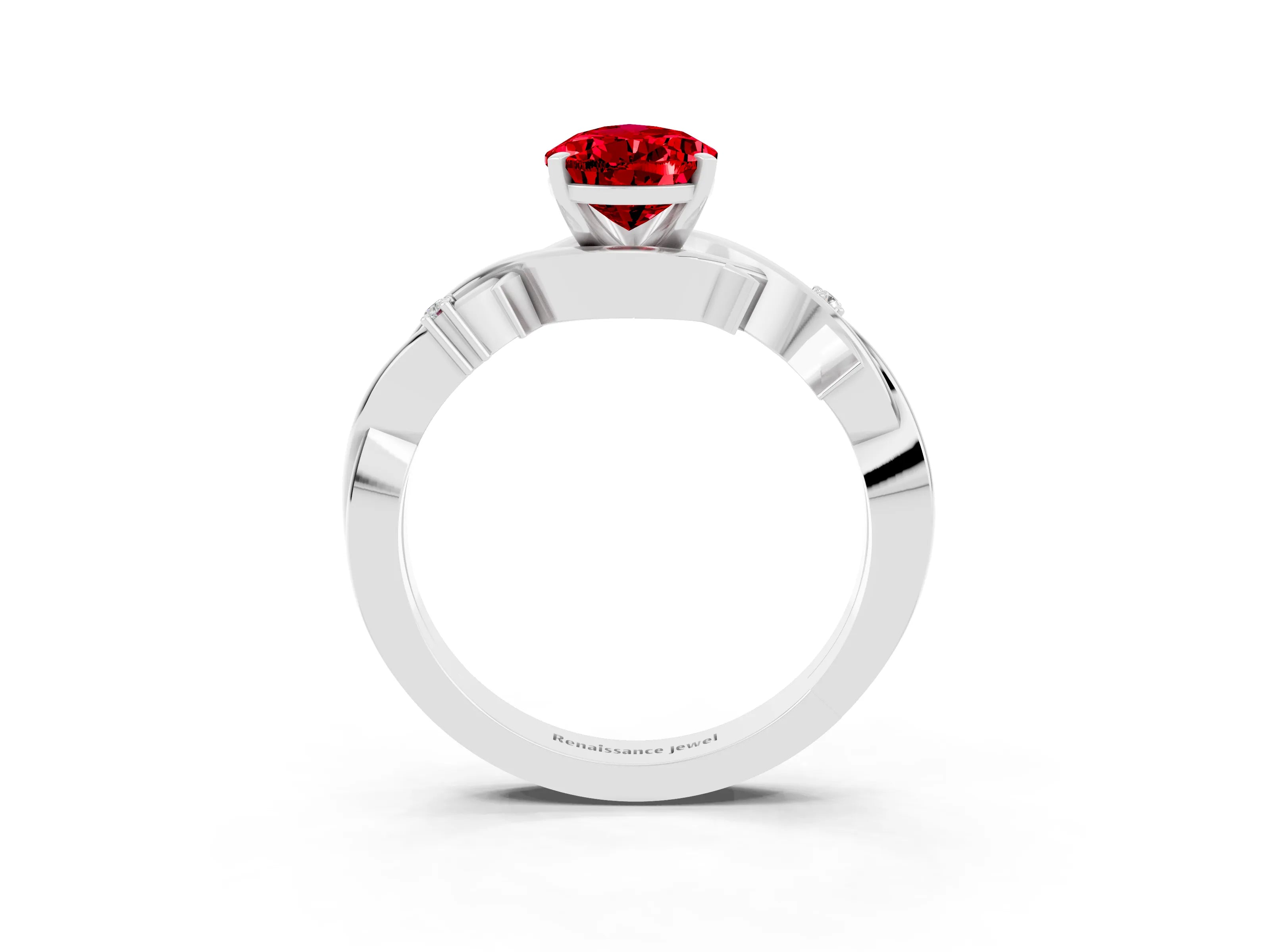 White gold Pear Cut Ruby Solitaire Ring with Twisted Band and Prong Setting_3
