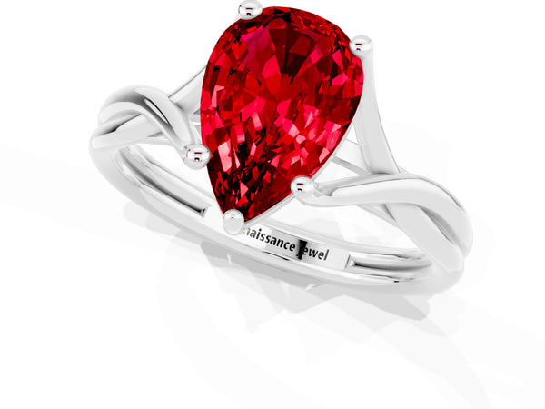 Platinum Pear Cut Ruby Solitaire Twist Band Prong Setting Ring