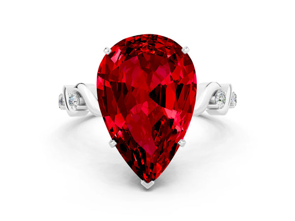 Silver Pear Cut Ruby Solitaire Twisted Band with Round  Accents and Prong Setting