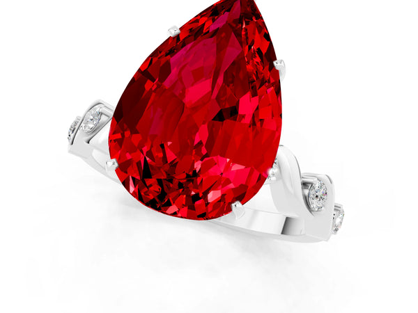 Platinum Pear Cut Ruby Solitaire Twisted Band with Round  Accents and Prong Setting