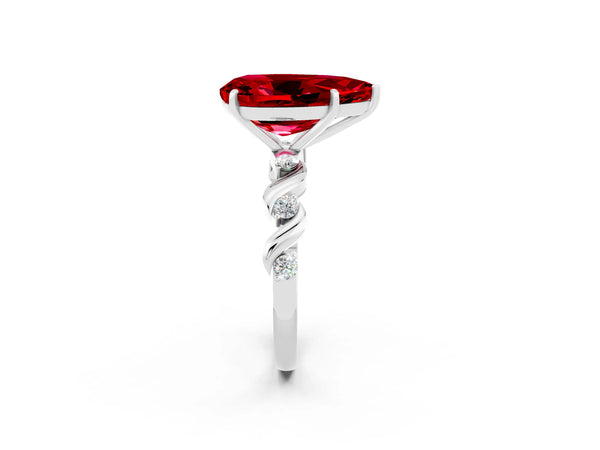 Silver Pear Cut Ruby Solitaire Twisted Band with Round  Accents and Prong Setting