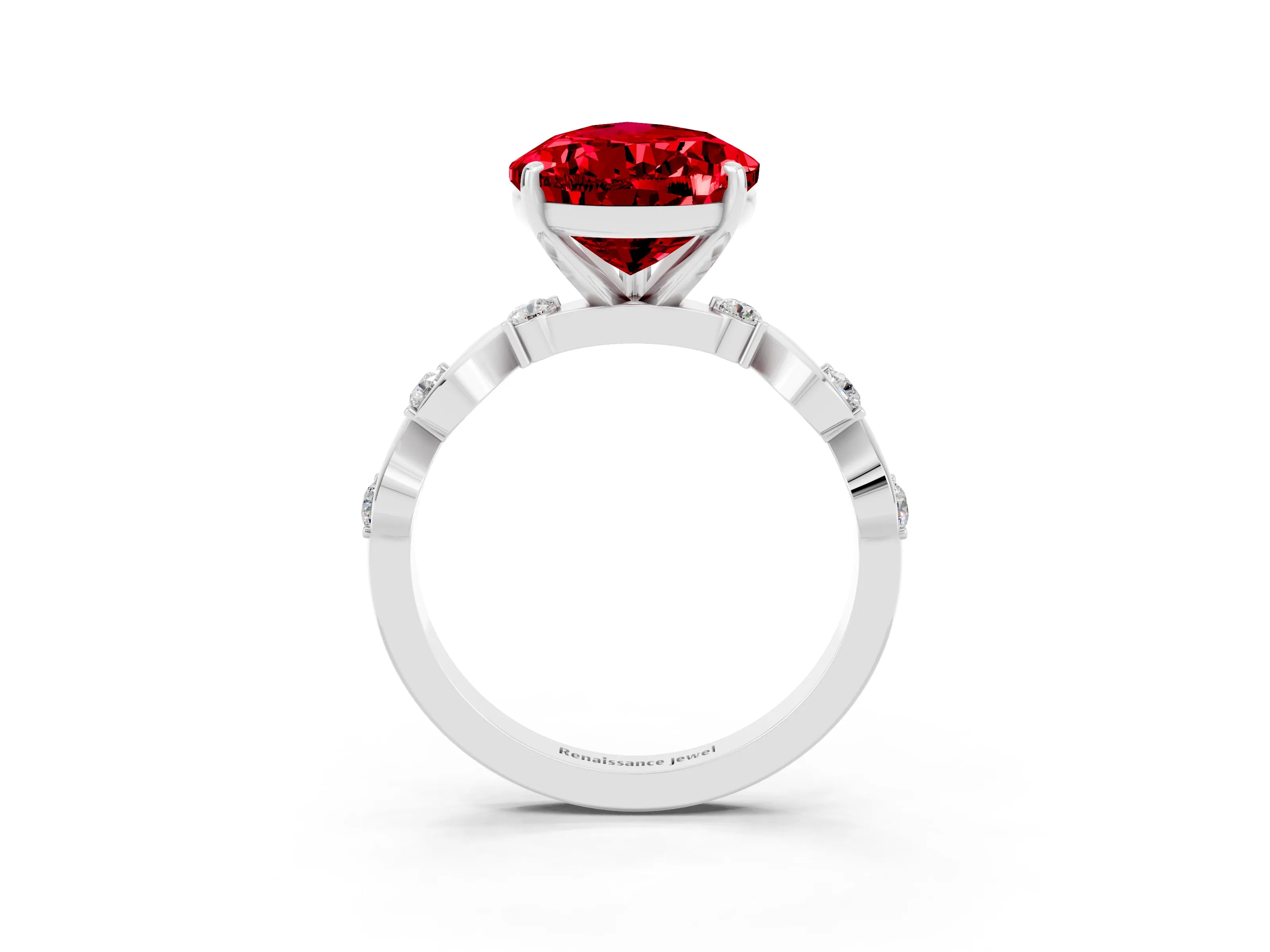 White gold Pear Cut Ruby Solitaire Twisted Band with Round  Accents and Prong Setting_15