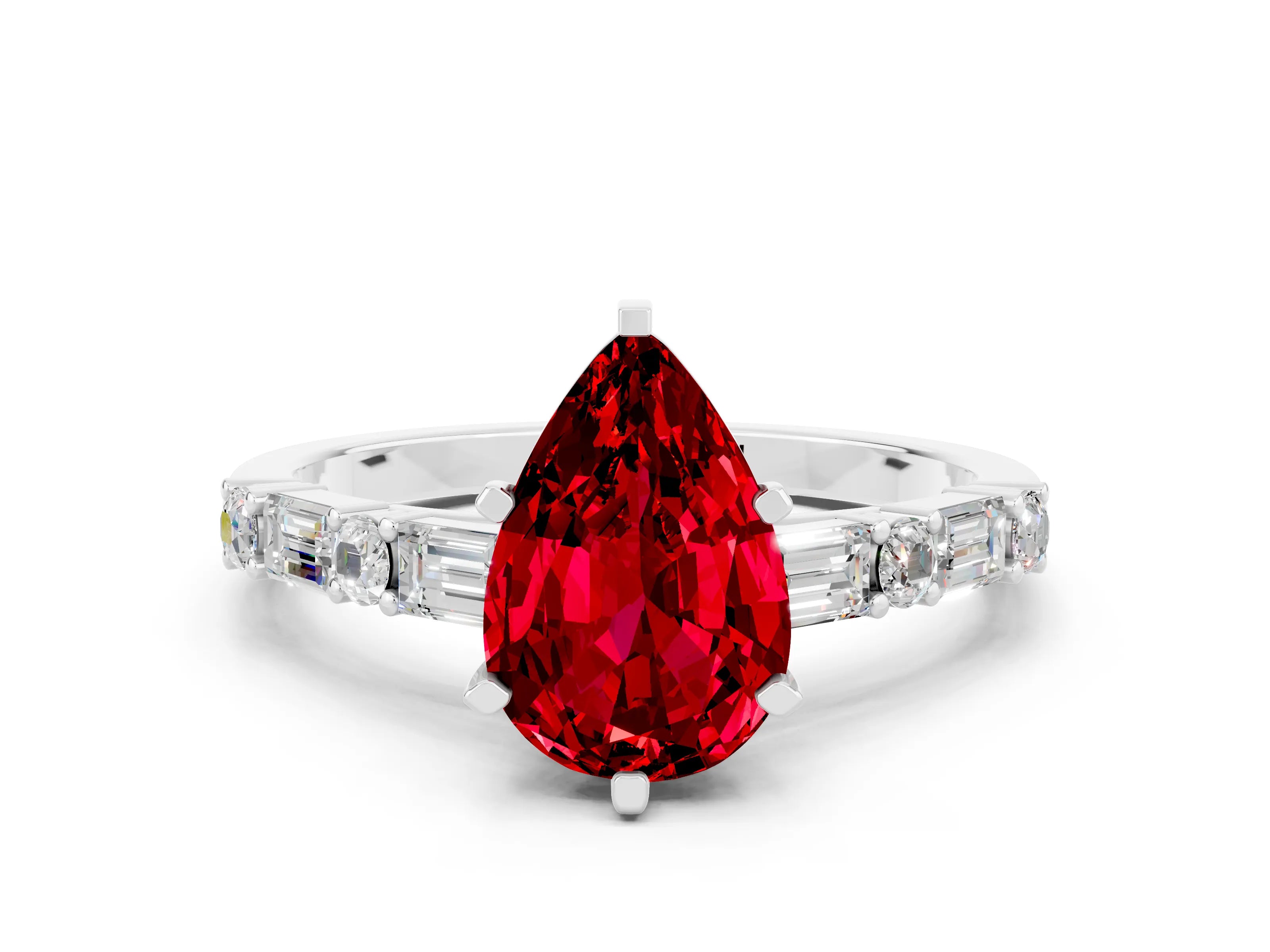 White gold Pear Cut Ruby Solitaire with Side Baguettes and Channel Set Band
