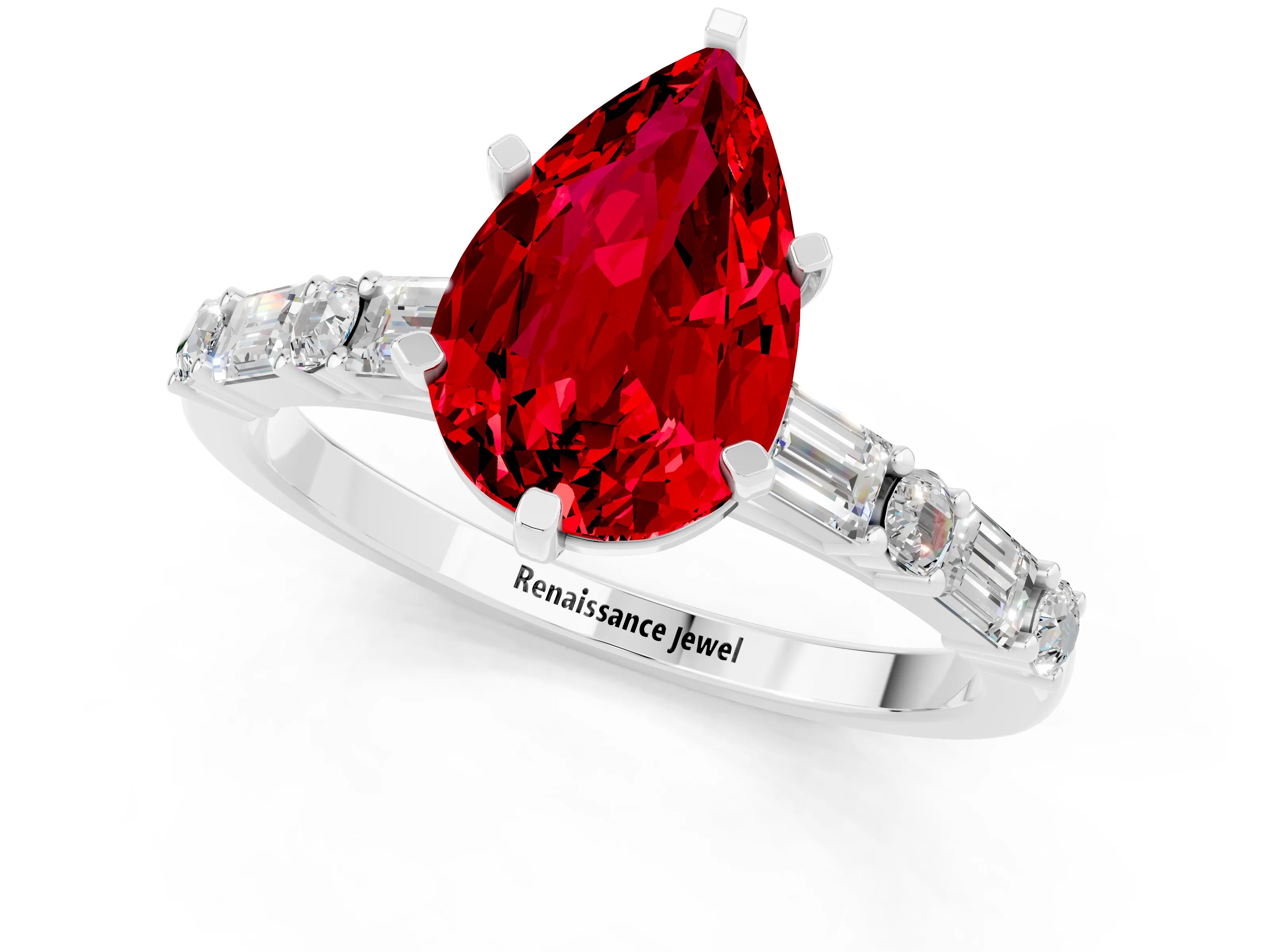 White gold Pear Cut Ruby Solitaire with Side Baguettes and Channel Set Band_1