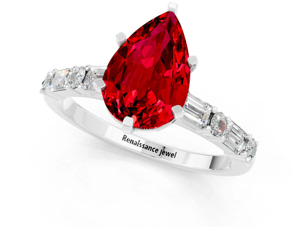 White gold Pear Cut Ruby Solitaire with Side Baguettes and Channel Set Band