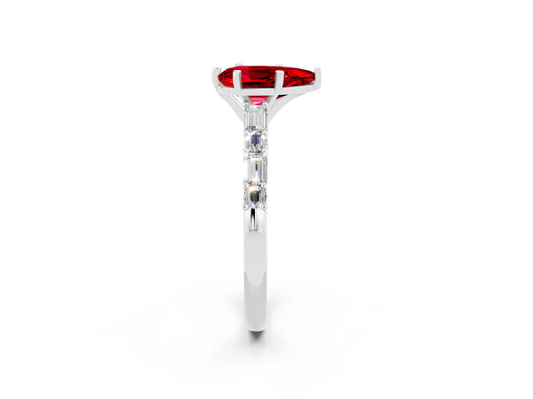 White gold Pear Cut Ruby Solitaire with Side Baguettes and Channel Set Band