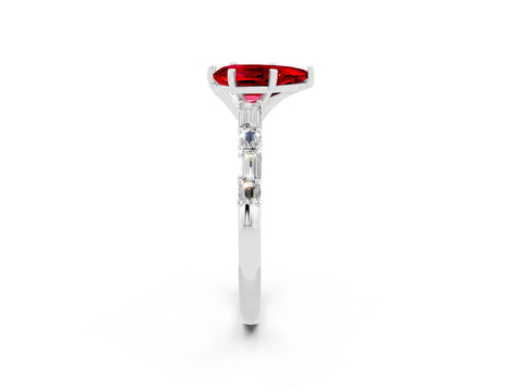 White gold Pear Cut Ruby Solitaire with Side Baguettes and Channel Set Band_2