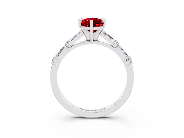 Platinum Pear Cut Ruby Solitaire with Side Baguettes and Channel Set Band