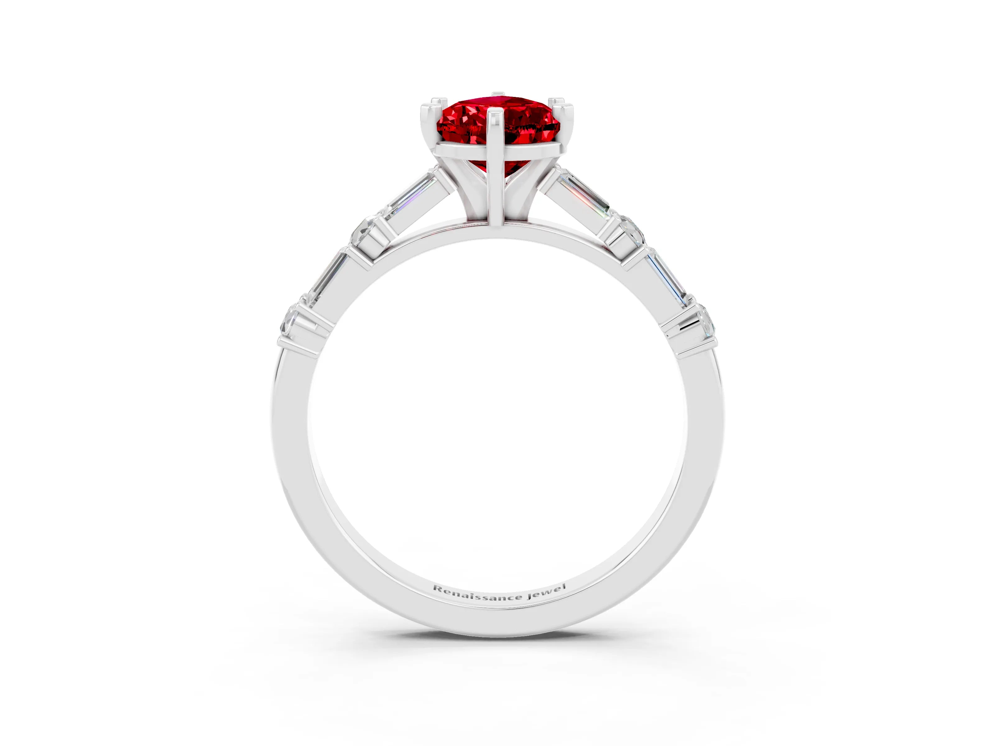 White gold Pear Cut Ruby Solitaire with Side Baguettes and Channel Set Band_3