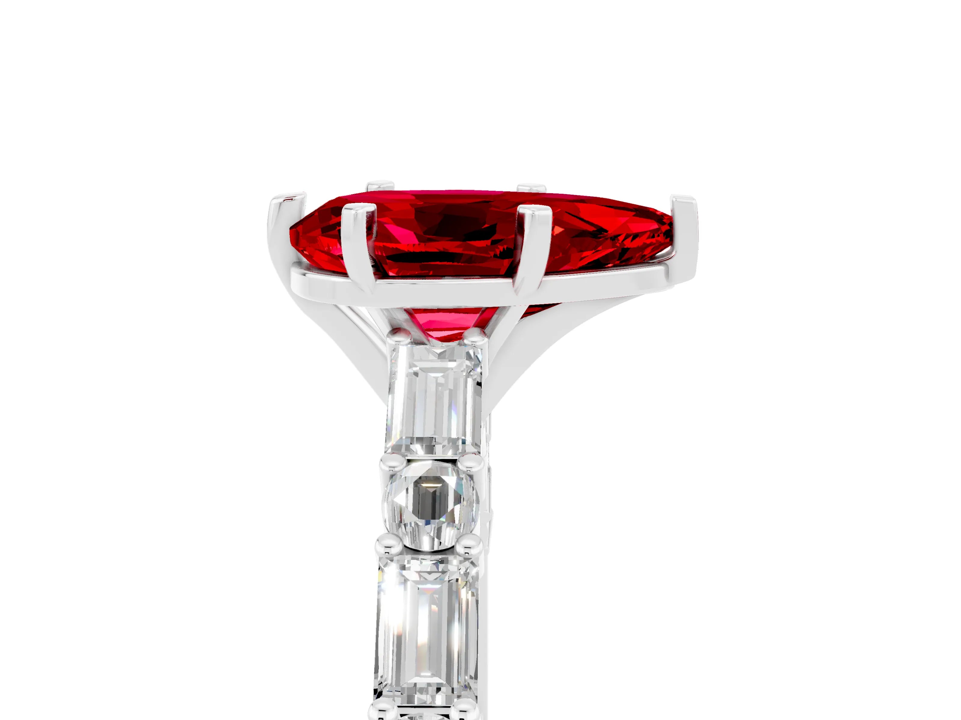White gold Pear Cut Ruby Solitaire with Side Baguettes and Channel Set Band_5