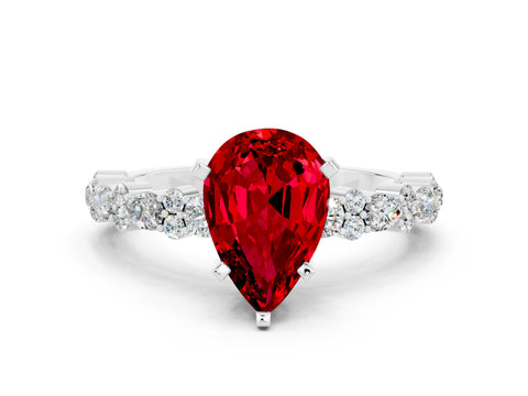 White gold Pear Cut Ruby Solitaire with Side Stones, Pave Band, Four-Prong Setting_24